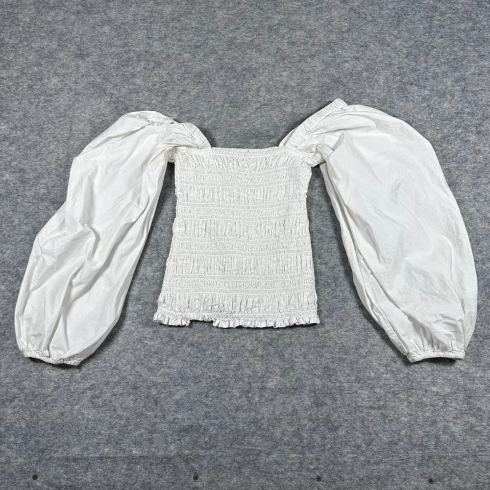 Ganni Smocked Puff Sleeve Top Womens 38 White Fair Off Shoulder BJ.D 6045